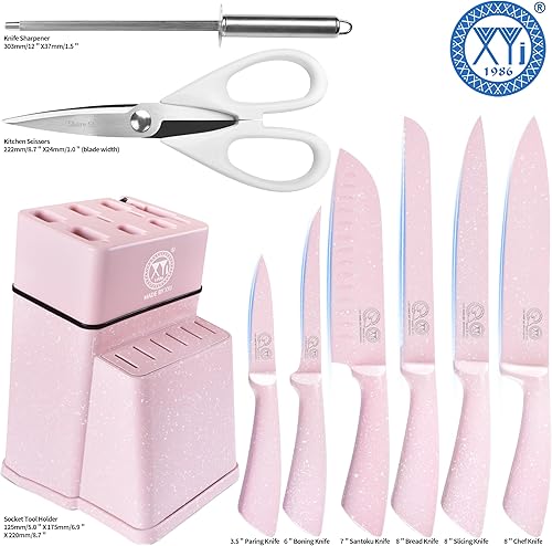 Miniatura 9 de XYJ Juego de bloques de cuchillos, color rosa, cuchillos de cocina de acero inoxidable con soporte para bloque de cuchillos, cuchillo de carne, kit
