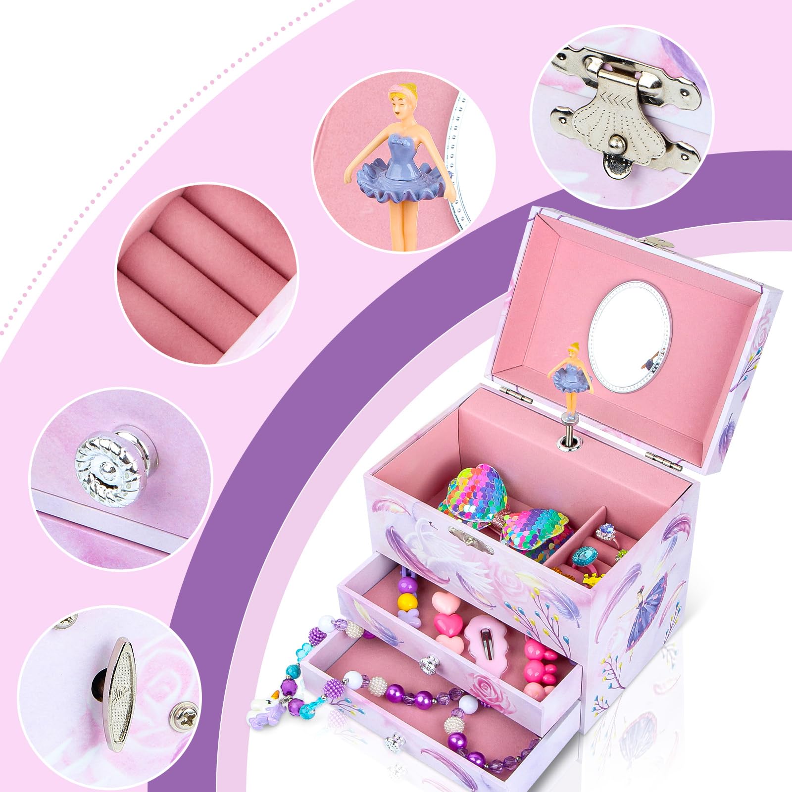 Ballerina Schmuckkästchen für Mädchen, Kinder Spieluhr mit drehender Ballerina, 2 Schubladen und Einhorn Schmuckset, Musikkästchen Geschenk für Kinder Mädchen