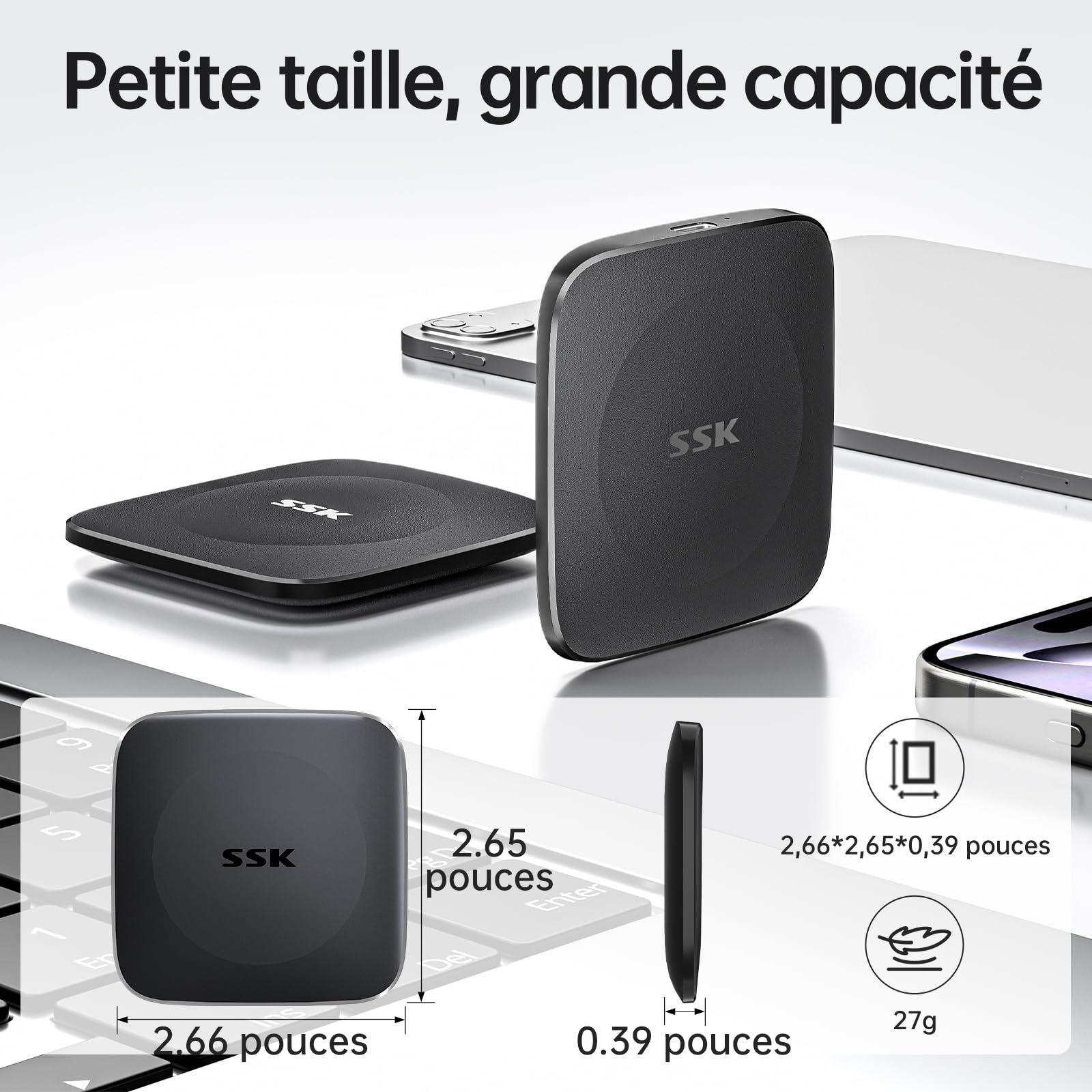 SSK Disque Dur Externe SSD 256Go 550 Mo/s USB 3.2 GEN2 Type C pour iPhone 15 Android Windows Mac