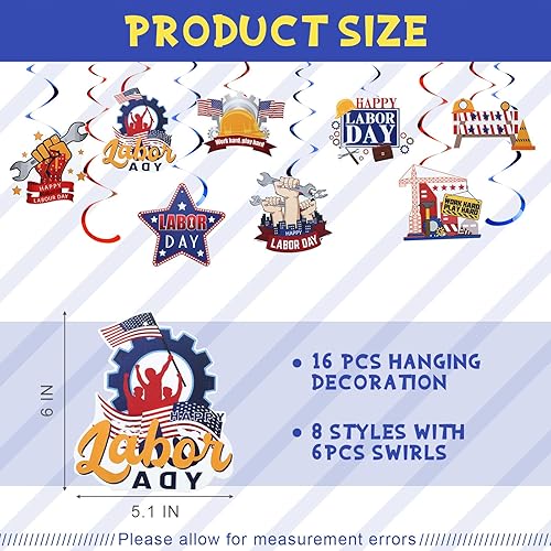 Miniatura 4 de Lenwen Juego de 48 piezas de decoraciones para el Día del Trabajo con centros de mesa de panal 3D para fiesta del trabajo, espirales colgantes,