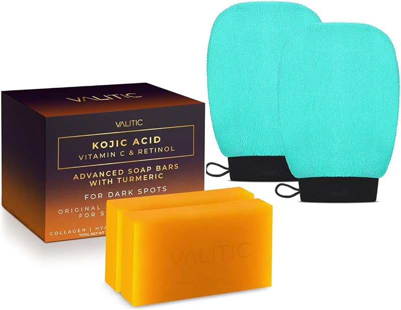 VALITIC Barras de sabonete com ácido kójico, vitamina C e retinol, pacote com 2 e 2 luvas esfoliantes turquesa