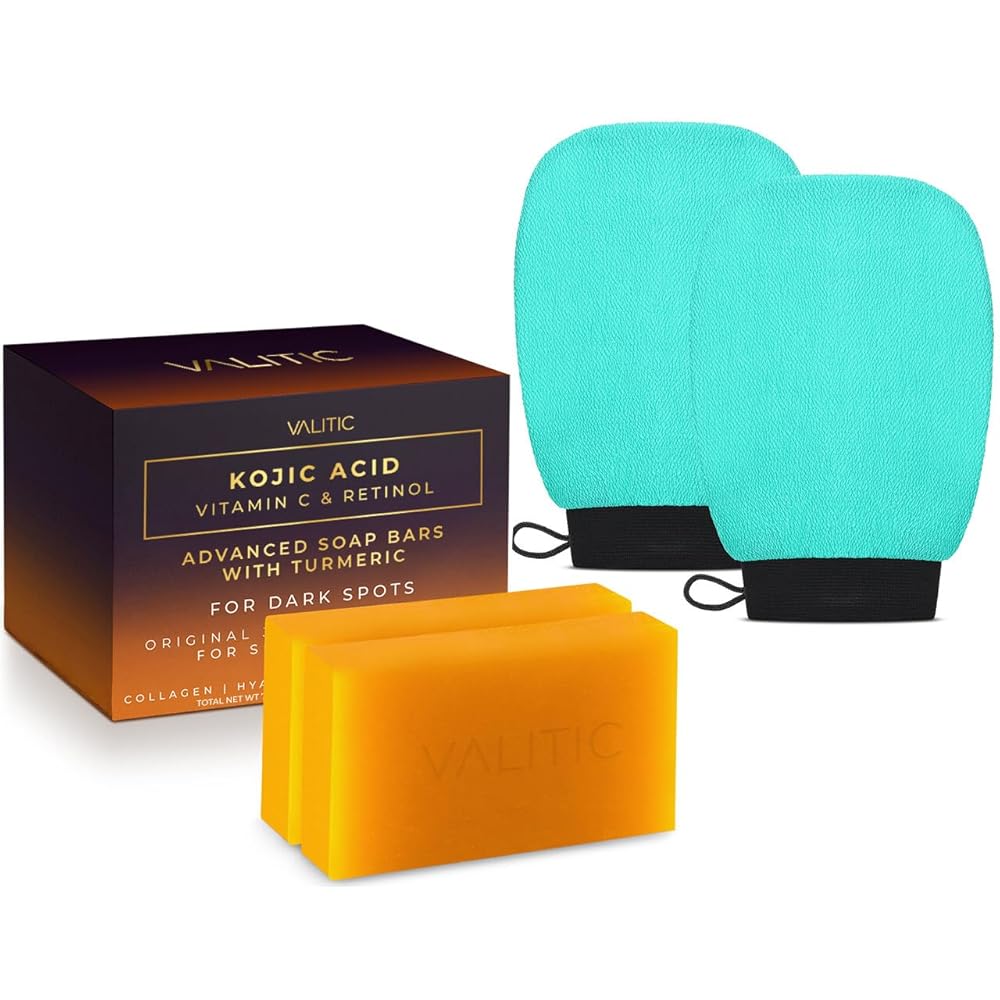 VALITIC 2 Pack Kojic Acid Vitamin C & Retinol Soap Bars for Dark Spot Bundle with 2 Turquoise Exfoliating Gloves for Body Scrubs