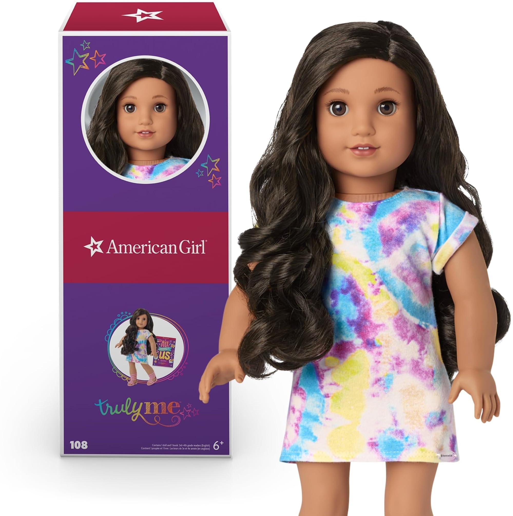 American Girl Truly Me 18-inch Doll #108 with Brown Eyes, Black-Brown Hair, Tan Skin, Tie Dye T-Shirt Dress, For Ages 6+