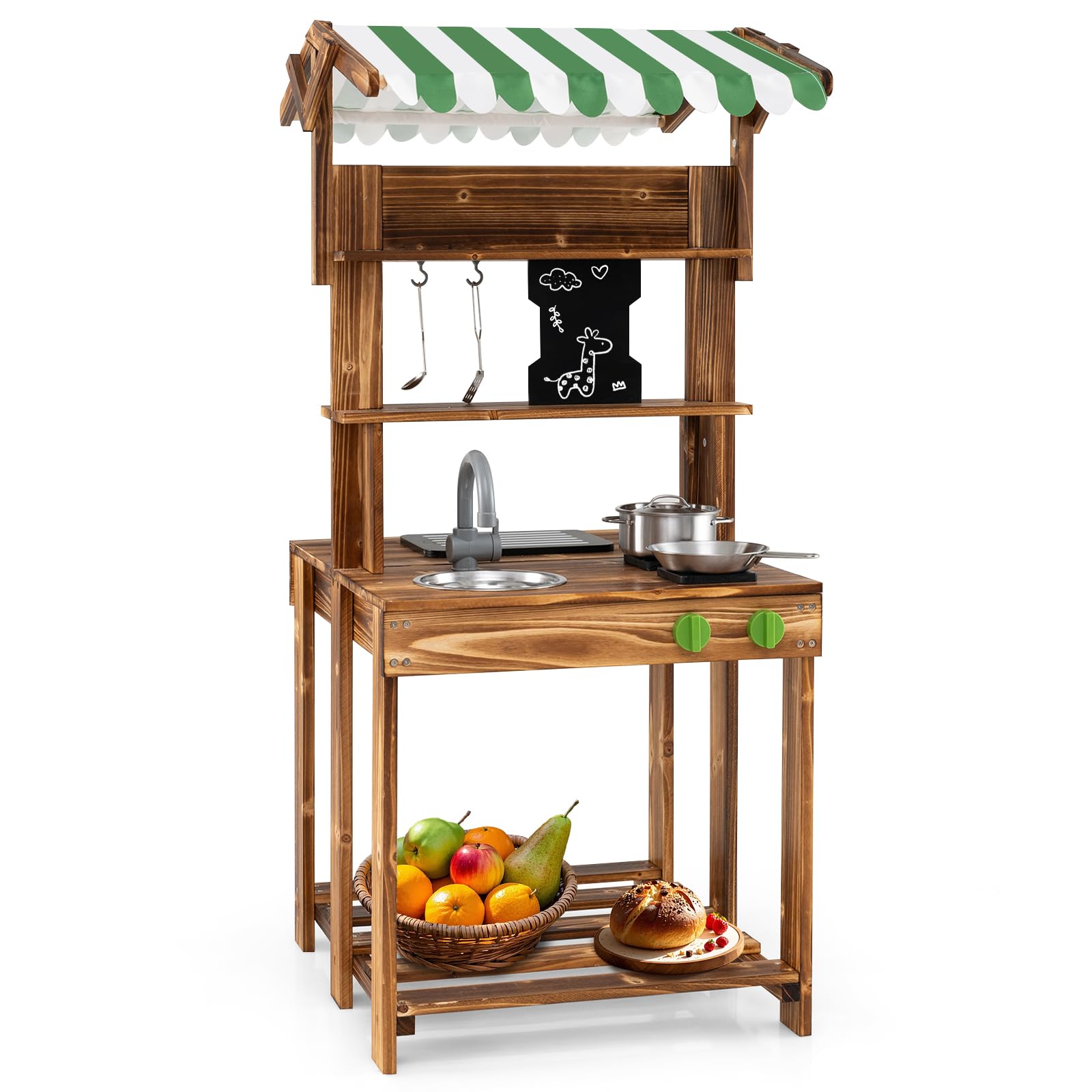 COSTWAY Matschküche Kinder Outdoor, Doppelseitige Kinderküche mit Dach, Schultafel, Spüle & Wasserhahn, Outdoorküche Spielküche Holz für Jungen & Mädchen ab 3 Jahren