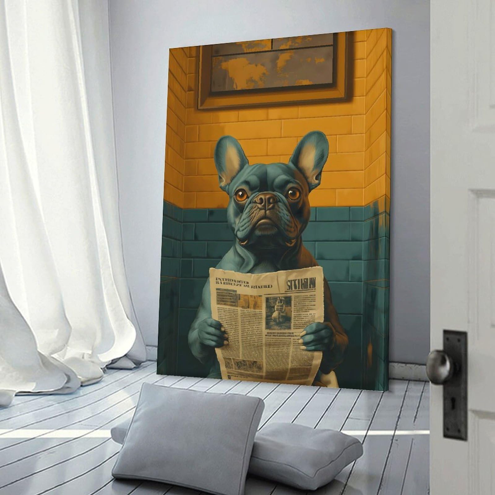 Junmoney Frame-Style-8-1 Dog Reading Newspaper In Bathroom Funny Wall Picture Print, 08X12inch(20X30cm), For Workspace Walls, Study Corners Or Bedrooms, Wall Art That Adds Style To Work Areas
