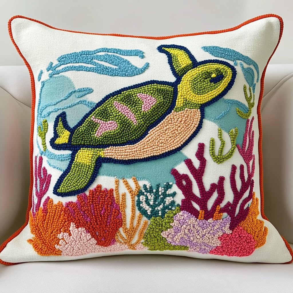 DIY Punch Needle Pillow Kit Green Sea Turtle and Corals with Pattern and Hoop Handmade Embroidery Punch Needle Starter Pillowcase Set for Home Sofa Decor 43x43cm-1-4