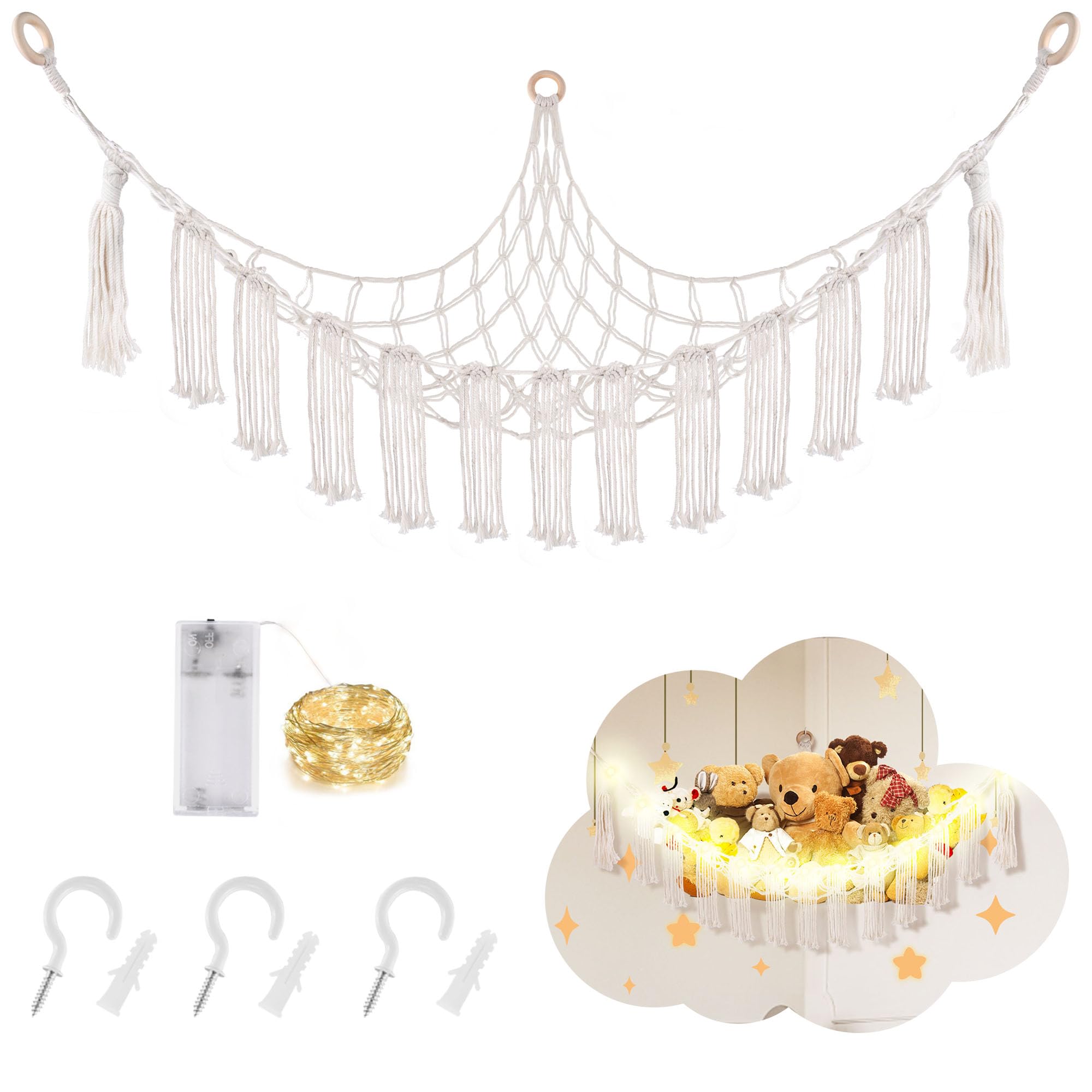 Stuffed Animal Hammock with LED Light, Macrame Net for Stuffed Animals Corner, Hanging Stuffed Animal Net or Hammock, Toy Hammock for Stuffed Animals Storage for Kids Toy Storage, White