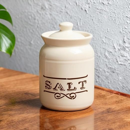 M’majolica Salt Printed Ceramic Handglazed Pickle Jars Set of 1-1000 ML Each | 1 kg Salt Jar with Lid | Ceramic Multipurpo...