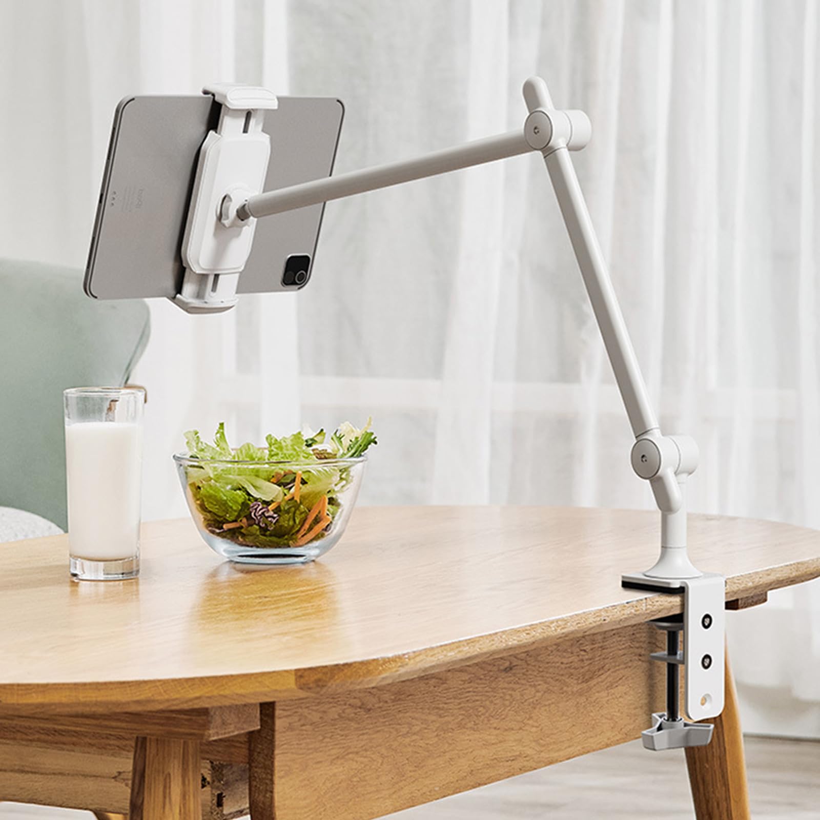 Flexibler Tablet Tischständer, robuste Klemmsysteme, 360-Grad Drehung, verstellbare Armlänge, ergonomische Betrachtungsposition, höhenverstellbare Tablet Arm Tischhalterung
