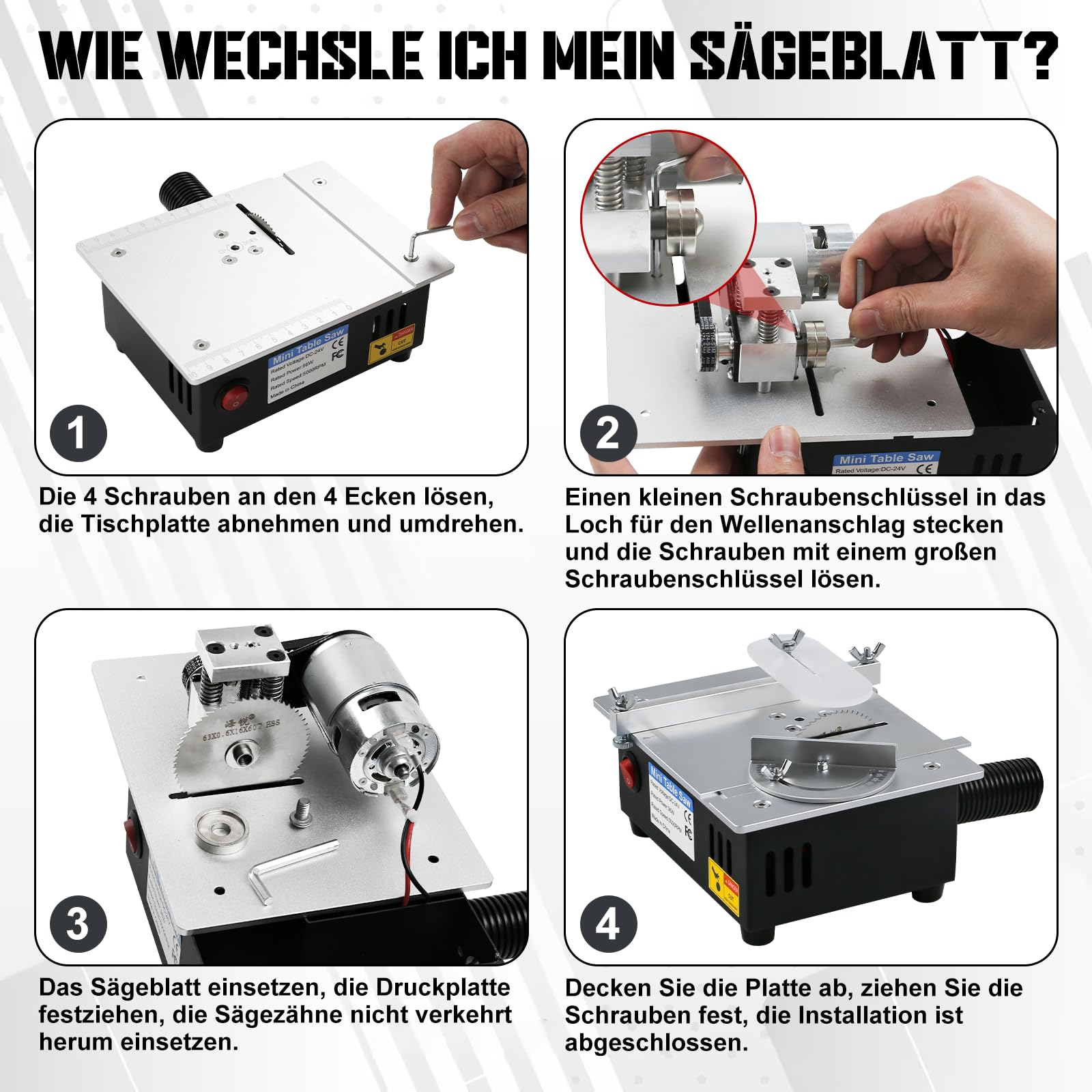 Mini Tischkreissäge 96W Multifunktionale Tischkreissäge mit 4 Klingen Präzisions Tischsäge 7-Gang-Netzteil Einstellbarer für DIY-Holzbearbeitungsprojekte