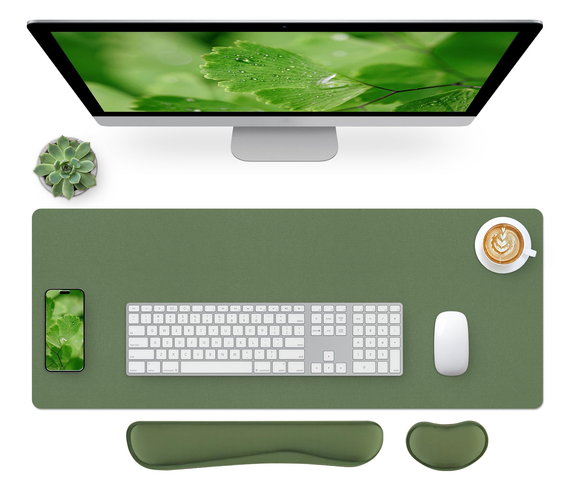 Bloss Leather Mouse Pad with Wrist Rest, Large Mousepad + Keyboard Pad, Non-Slip Desk Mat for Office, Home(27.6" x 13.8", Olive Green)