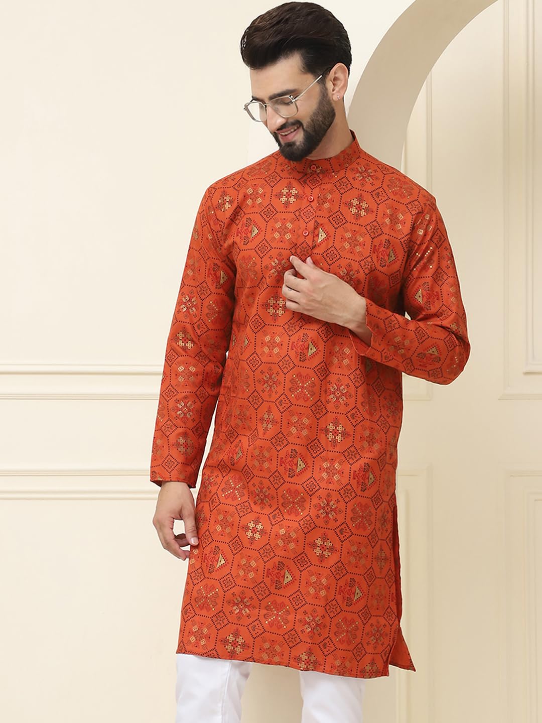 Sojanya (Since 1958 Men's Cotton Blend Printed Orange Only Long Kurta