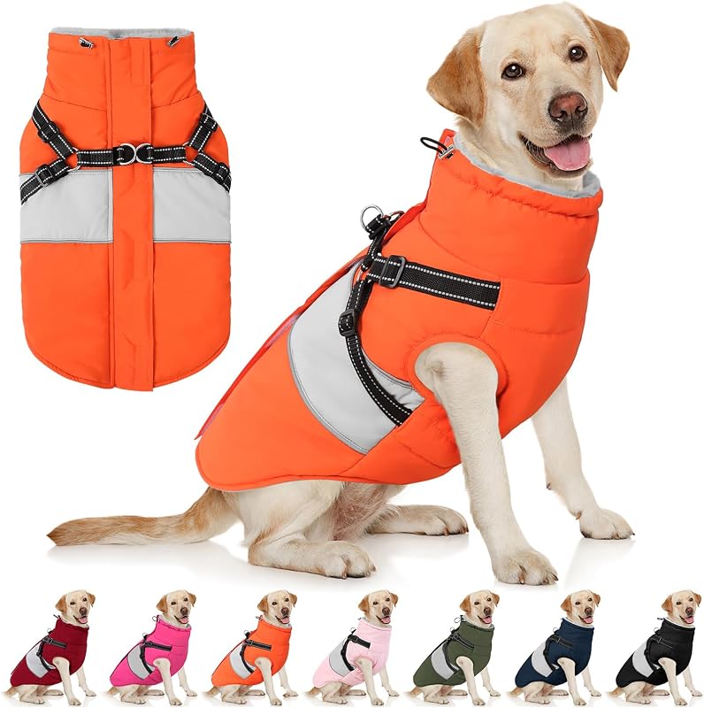Casaco para Cães com Peitoral Integrado, Impermeável e com Forro de Fleece AOFITEE Orange 2XL