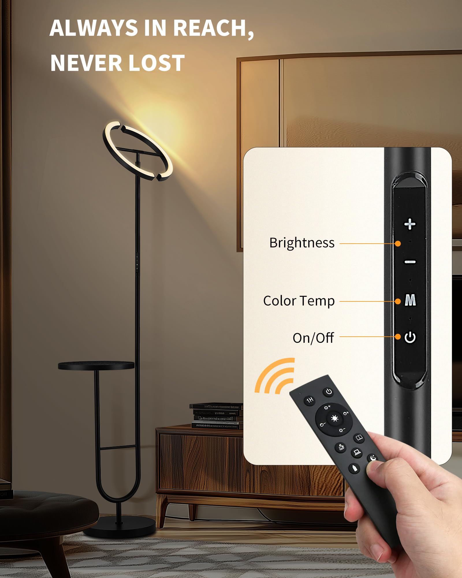 AVEN MF19 lampa stojąca LED, 36 W, ściemniana, z pilotem zdalnego sterowania, lampa stojąca z półką na półkę, obracana o 360°, nowoczesna lampa stojąca, czarna, do sypialni