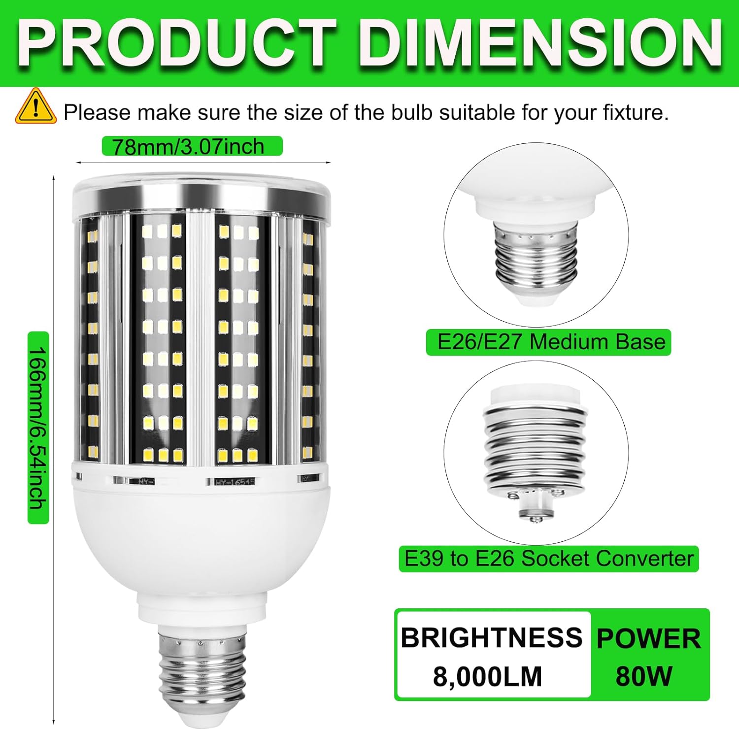 2 Pack 800W Equivalent Led Corn Light Bulb, 8000 Lumen 5000K Daylight White 80W LED Corn Bulb, AC85-265V, E26/E39 Base LED Bulbs for Outdoor Indoor Warehouse Garage Basement Backyard Factory Barn