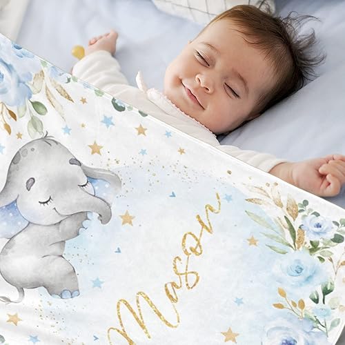 Miniatura 4 de Manta personalizada de elefante con nombre para niño, manta con nombre personalizado para niños, manta de franela suave de elefante azul, regalo