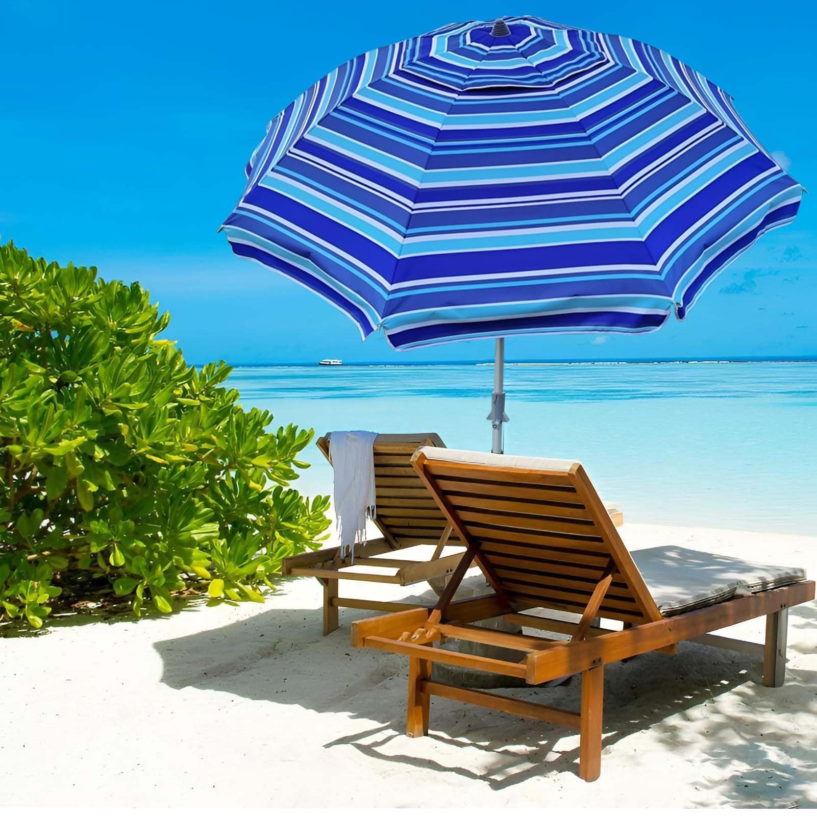 220cm Przechylny Parasol Plażowy, Wodoodporny z Filtrem UV 50+, Osłona Słoneczna do Ogrodu, Basenu i Podwórka, Niebieskie Paski