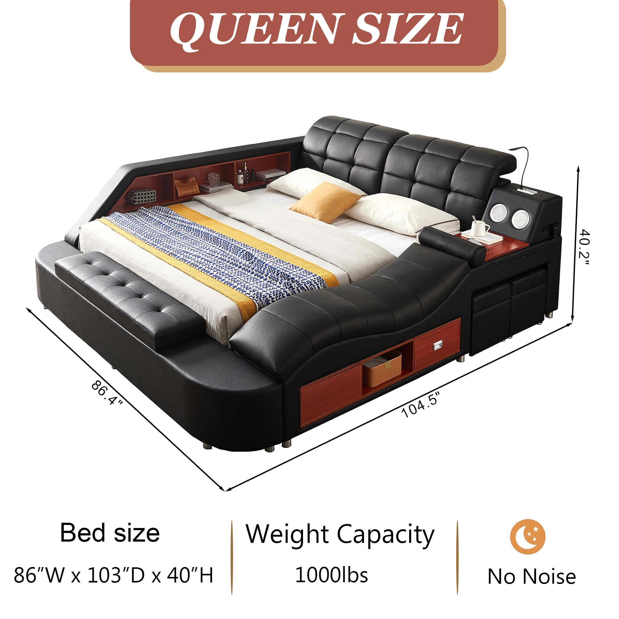 Telaio per letto matrimoniale multifunzione, nero di lusso, con chaise longue massaggiante a destra, letto moderno con altoparlanti Bluetooth e stazione di ricarica USB per camera da letto