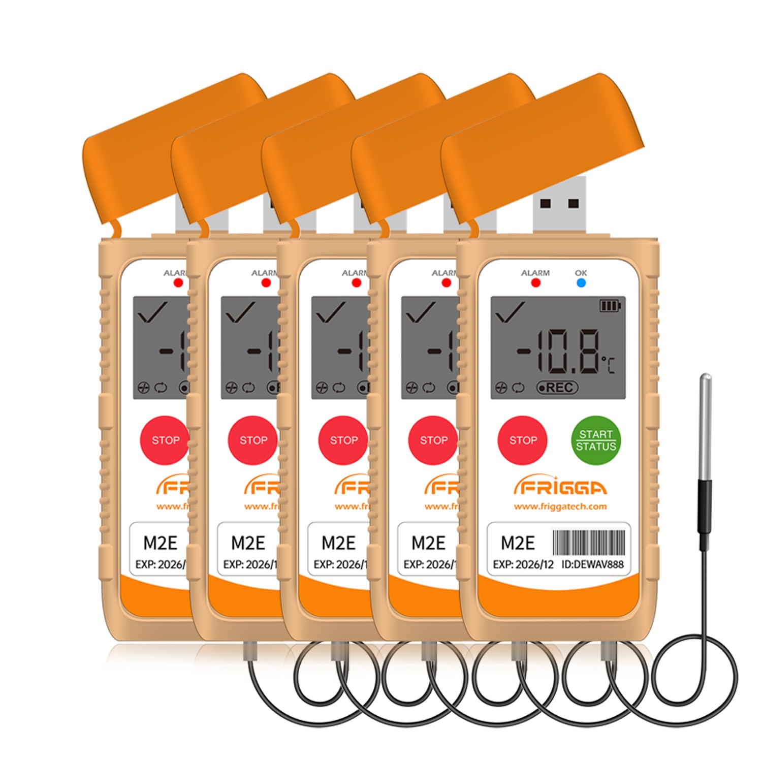Frigga M2E - Lote de 5 registradores de temperatura multiusos con sensor externo USB digital de temperatura 14400 puntos de alta precisión PDF CSV informe