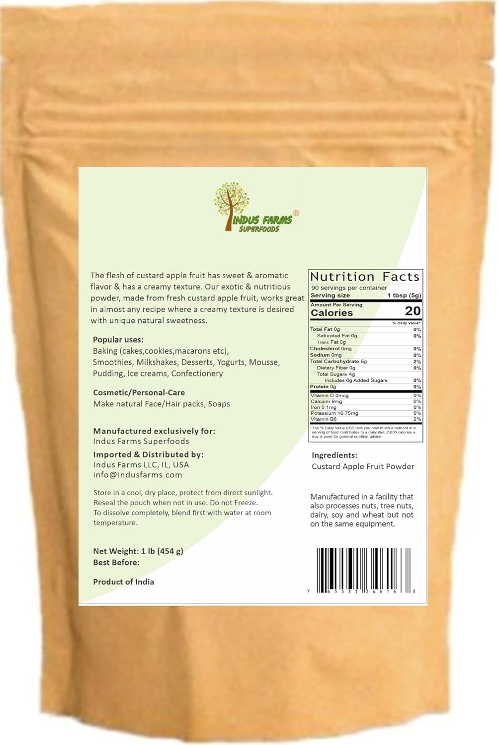 Indus Farms Custard Apple Fruit Powder | Creamy Tropical Flavor for Smoothies, Desserts, Baking & Beverages | Plant-Based | Easy-to-Mix | 1 LB
