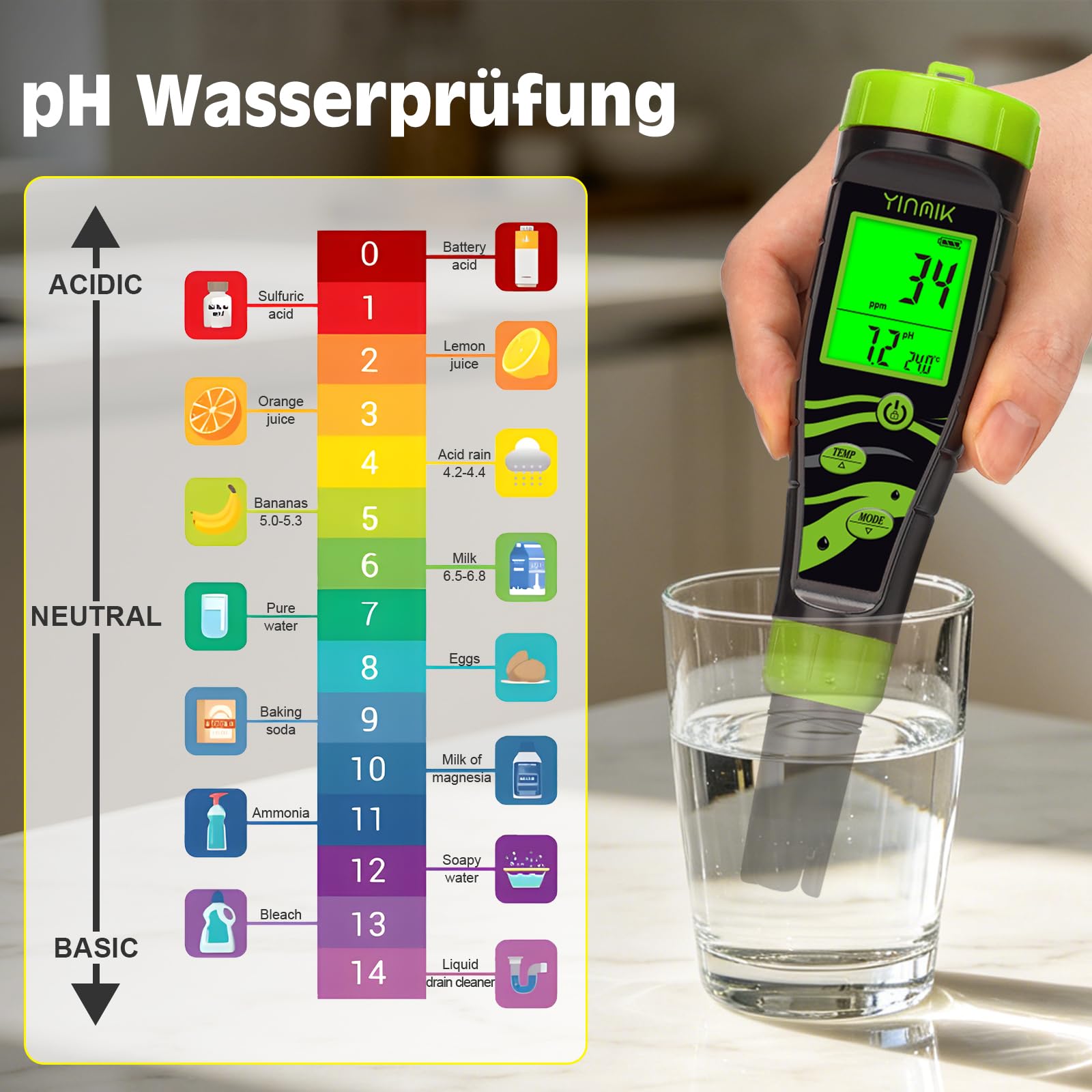 YINMIK 5 in 1 pH Messgerät Wasser, Pool pH Messgerät, Digitales pH EC Messgerät, Salzgehalt pH Tester, pH Leitfähigkeit Messgerät Grow, pH Salz EC TDS Temp Tester für Hydrokultur Trinkwasser Aquarium