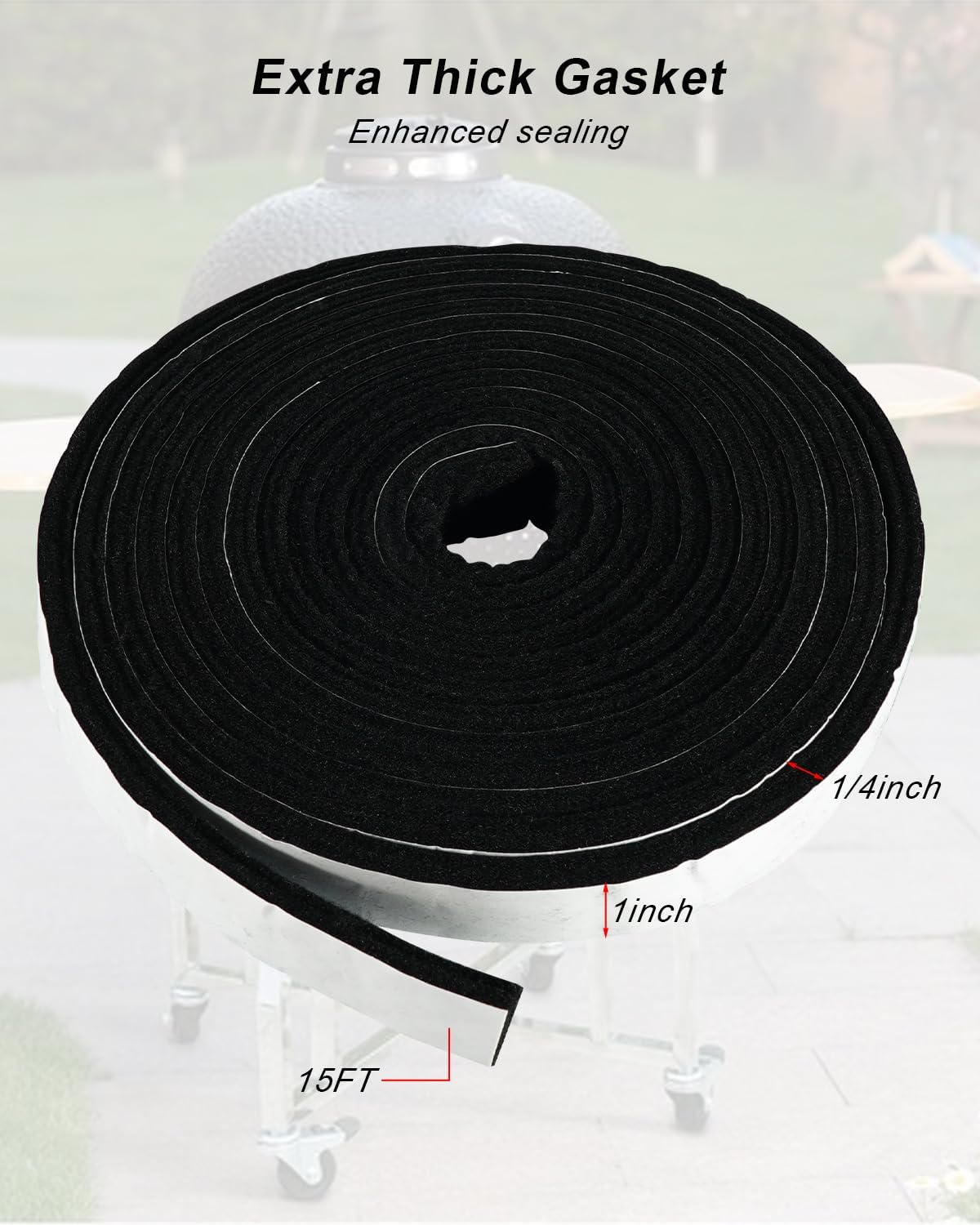 High-Temp Gasket 1" x 1/4" x 15' Fit for Vision Grills, BBQ Smoker Seal | Extra Thick, Self-Stick