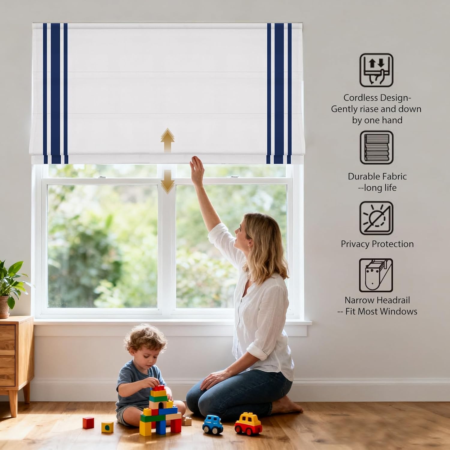 Cordless Roman Shades with Ribbon Border, White Navy Room Darkening Roman Window Shades, Custom Washable Fabric Roman Shades for Windows, Kitchen Windows, Doors
