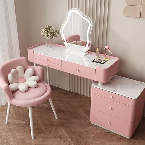 Escritorio de tocador con espejo iluminado, tocador moderno con 3 cajones, tocador de maquillaje con taburete acolchado suave y 3 modos de Rosa