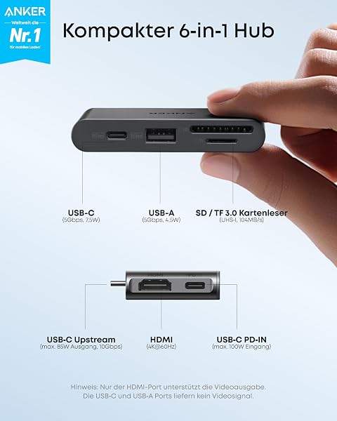 Anker Nano Hub, Kompakter 6-in-1 USB-C Hub mit 85W PD-Ladefunktion (Netzteil Nicht enthalten), 4K@60Hz HDMI, 10Gbps USB-C,5Gbps USB-A, SD-/TF-Kartenleser, für MacBook, Lenovo, HP und weitere Geräte - 2