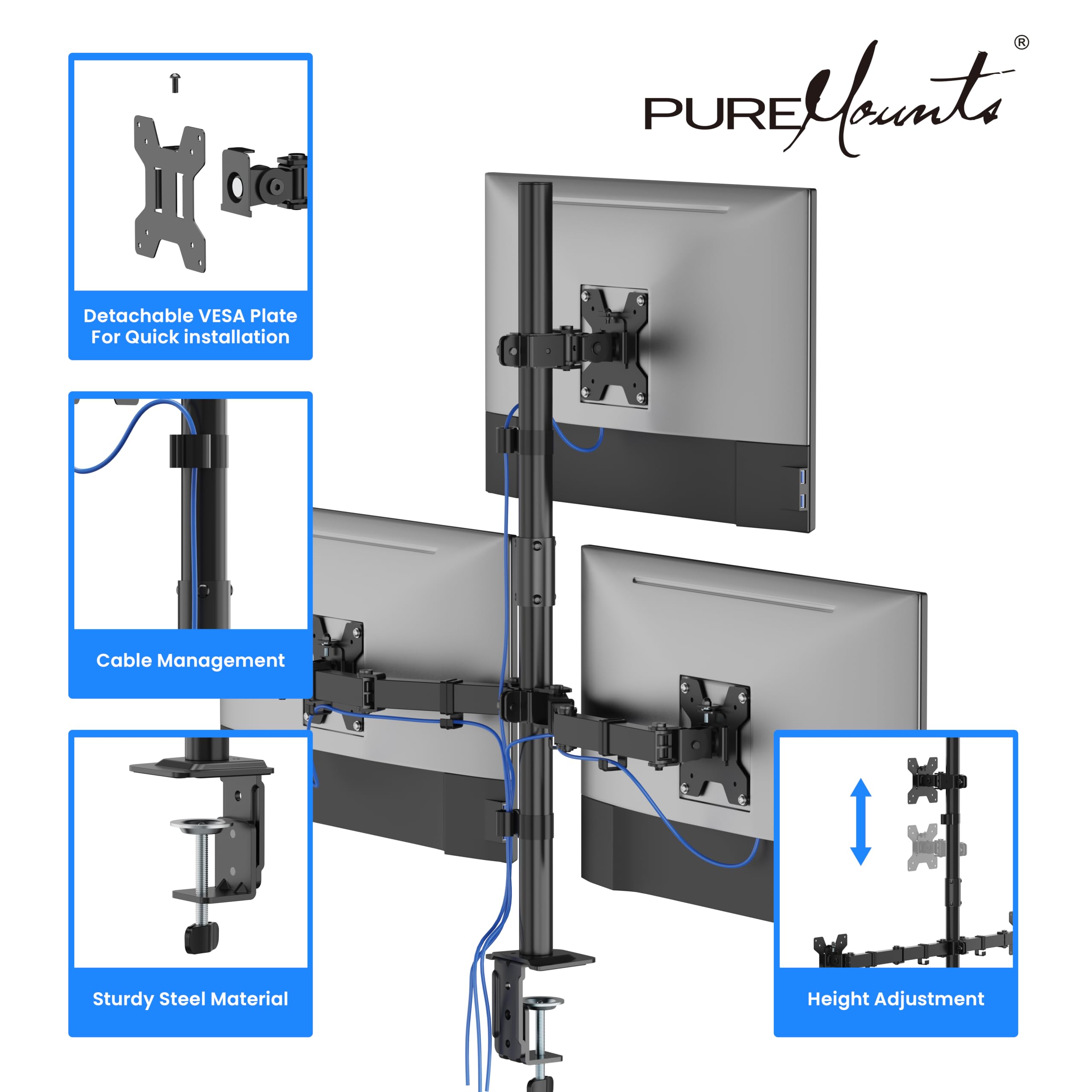 PureMounts Support Triple écran superposé 17-32 Pouces, VESA 75/100