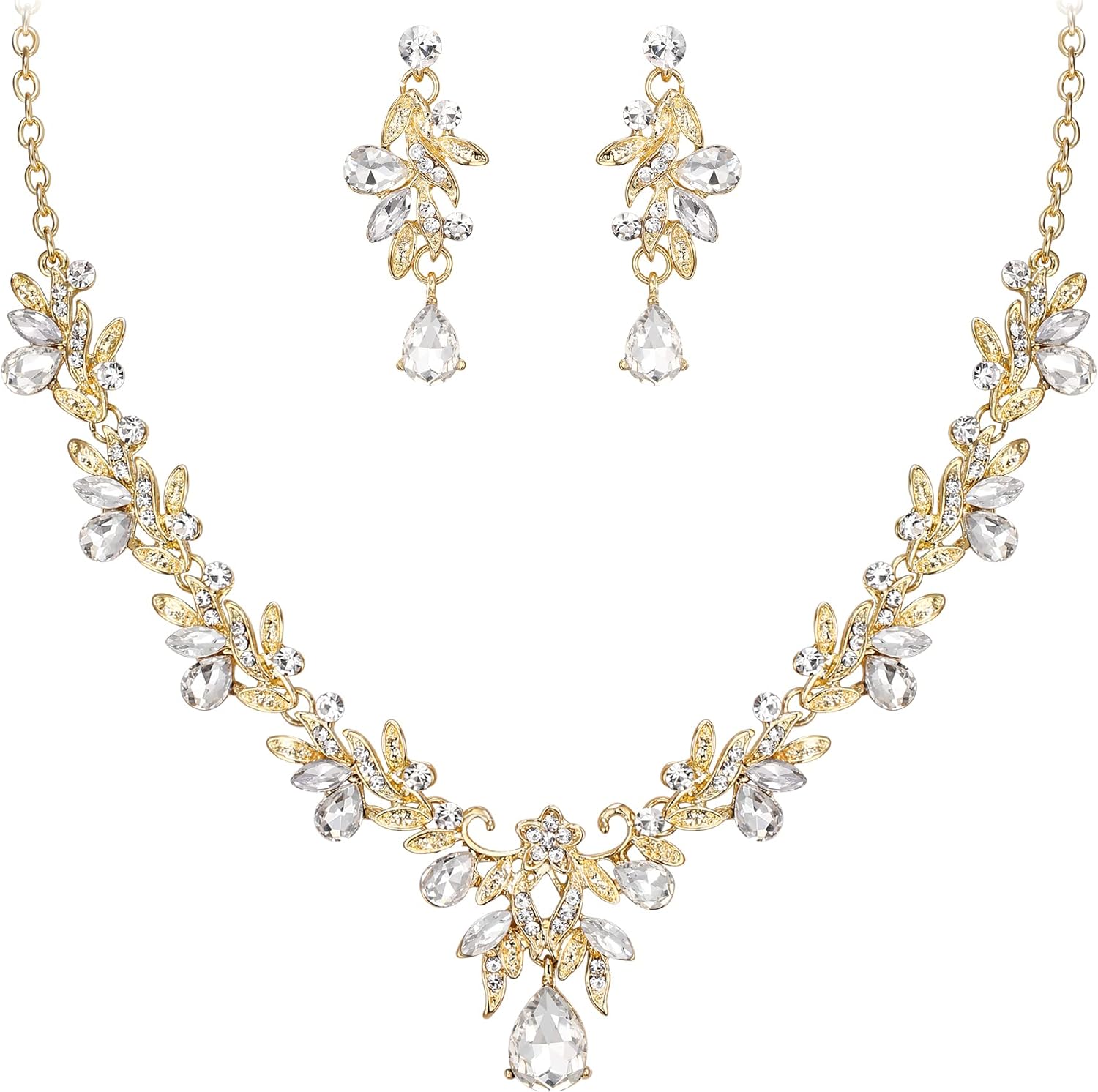 BriLove Women's Wedding Jewelery Set Leaf Flower Crystal Teardrop Marquise Cluster Pendant Necklace Dangle Earrings for Bridal Party