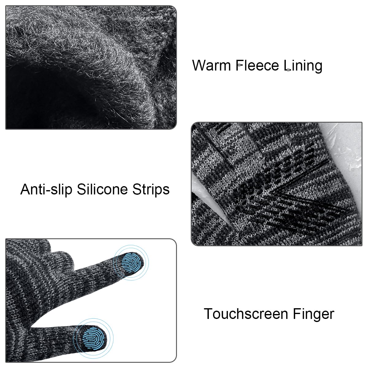 Herren 3-teiliges Wintermütze, Schal und Touchscreen-Handschuhe, Strickmütze, Halswärmer mit Fleece gefüttert