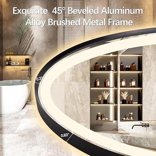 Miniatura 20 de Espejo de baño LED ovalado de 32 x 20 pulgadas con luces, espejo de tocador negro con luz antiniebla montado en la pared, espejo ovalado LED