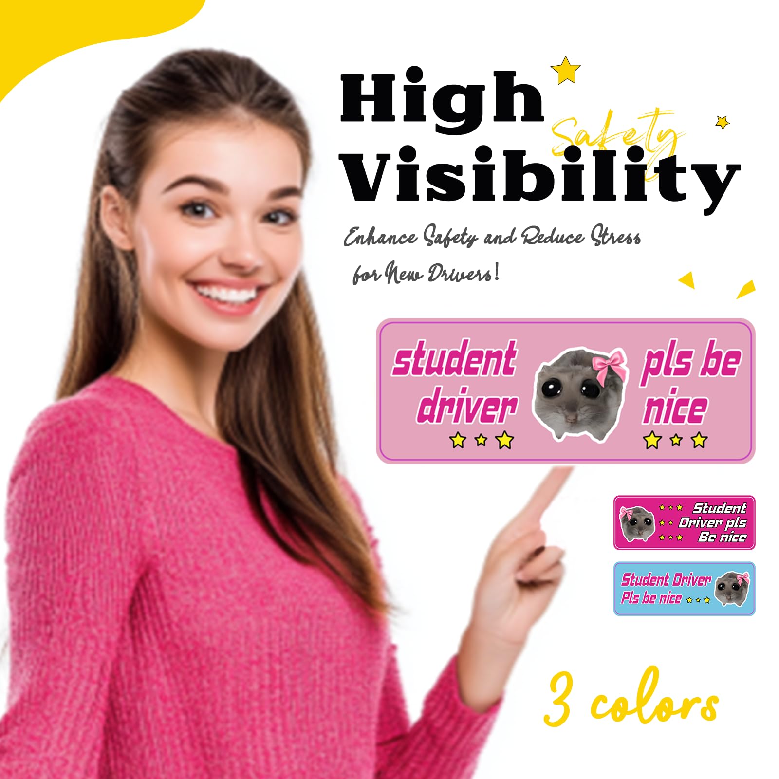 New Driver Magnet for Car - Funny Reflective Hamster 3-Pack Please Be Patient, Beginner Driver Magnetic Bumper Sticker Set (Multicolor)