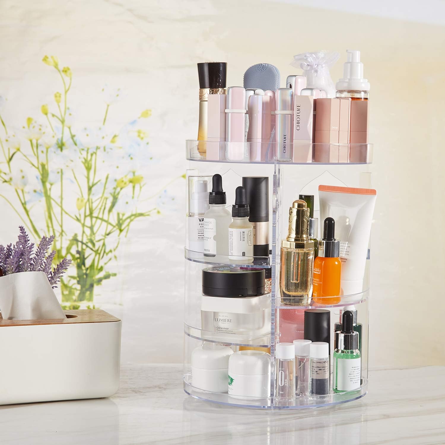 DOZZZ Makeup Organizer 360-Degree Rotating with 7 Layers Large Capacity Adjustable Multi-Function Acrylic Cosmetic Storage Display Case Great For Bathroom Countertop 2 Pack