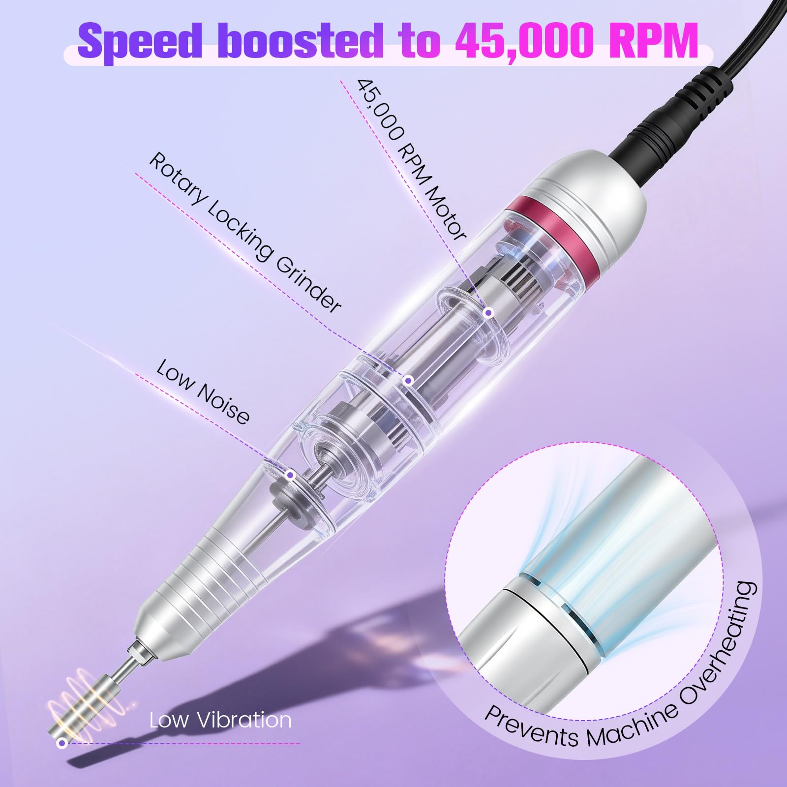 Fresa per Unghie Professionale 45000RPM, Fresa per Unghie, Lima Per Unghie Elettrica, Set Manicure e Pedicure Elettrico con display a LED, 6 Testine di Levigatura, Portable Nail File Kit per Salon