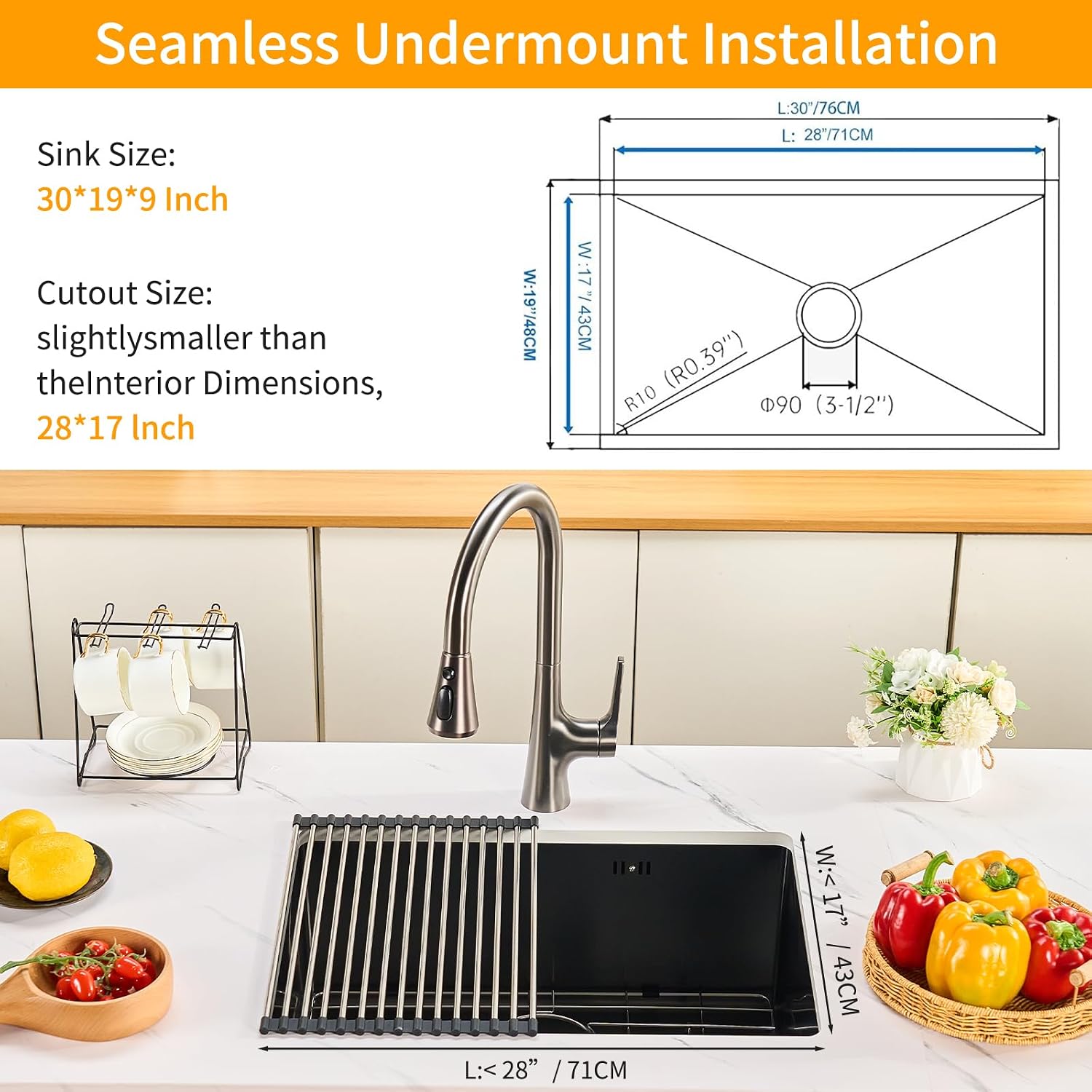 30 Inchs Undermount Kitchen Sinks, 30 x 19 x 9 Inch Black-Grey Single Bowl Sink,16 Gauge Stainless Steel Nano Black Sink with Accessories for Workstation, Prep Kitchen, Bar Sink