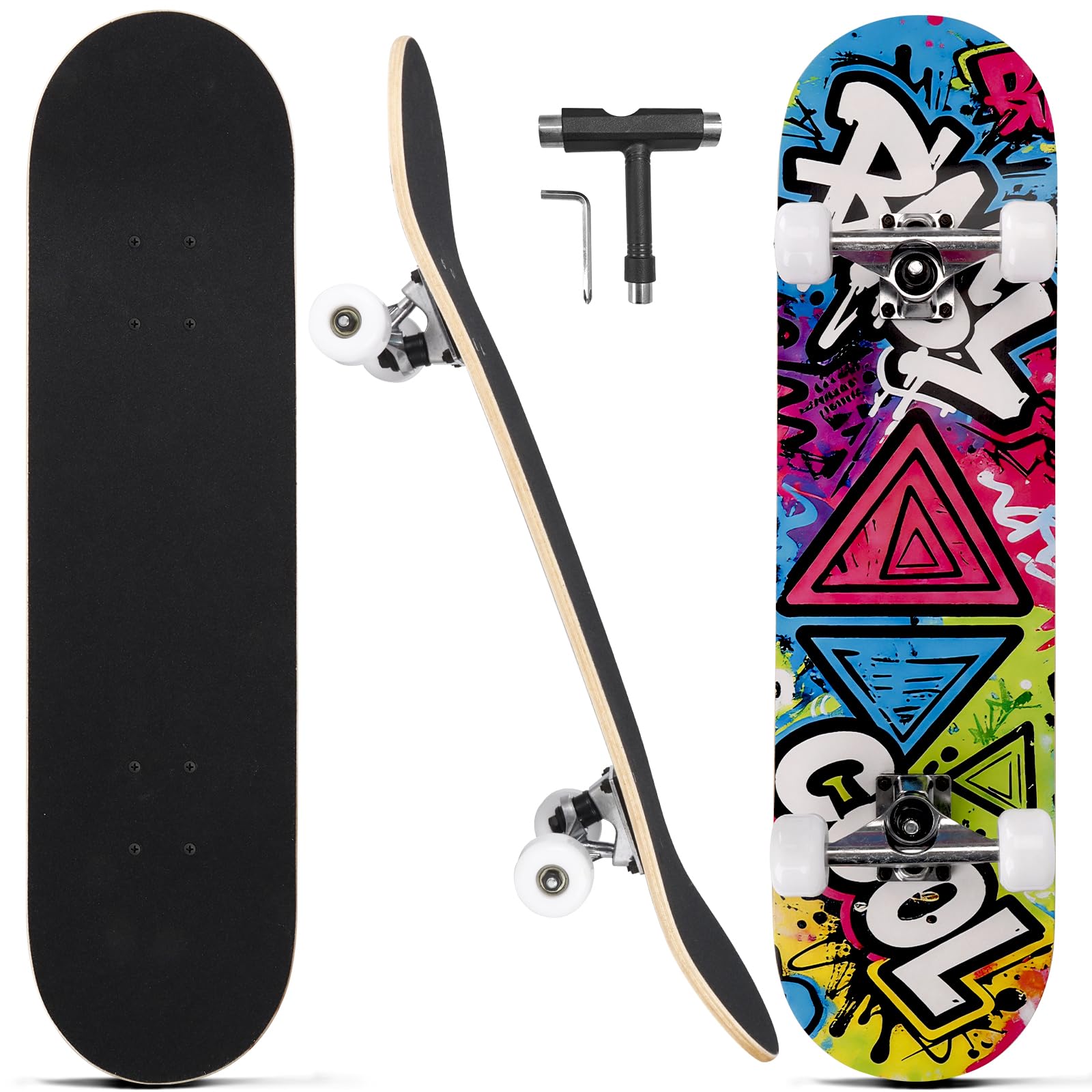 Skateboards for Beginners Adults Youths Teens Kids Girls Boys 31 Inch Pro Complete Skate Boards 7 Layer Canadian Maple Double Kick Concave Longboards