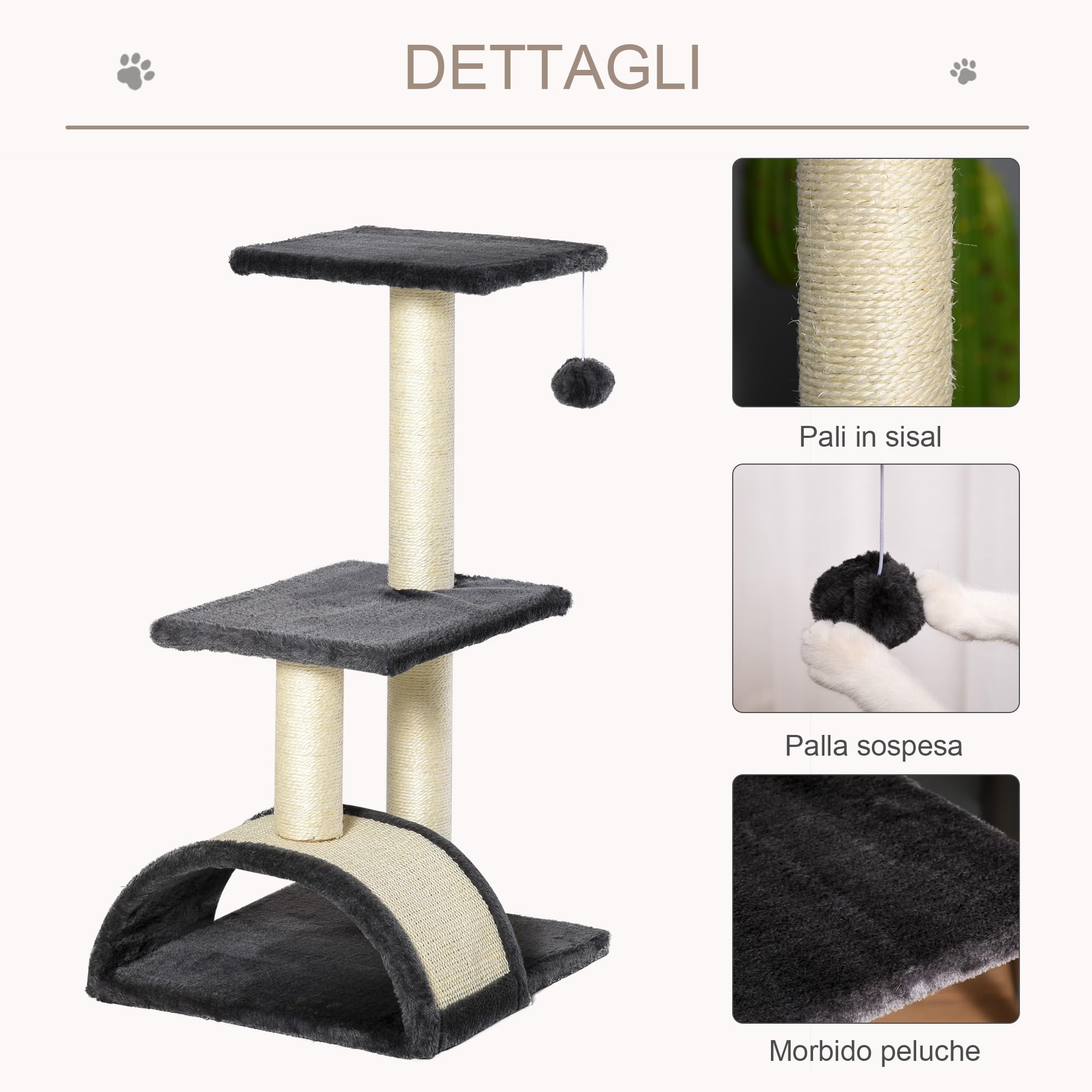 PawHut Albero Tiragraffi per Gatti a 3 Livelli 72 cm con Tappetino Tiragraffi ad Arco, Albero per Gatti Multilivello, Trespolo per Gatti con Pallina in Legno, Peluche e Sisal, Grigio