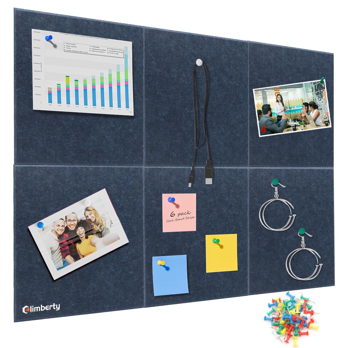 climberty Climberty® 6-Piece Felt Board Bulletin Board,30x30cm Self-Adhesive Wall Panel,with 50 Pushpins Felt Message for Notes Photos and Schedules Blue-picture-5