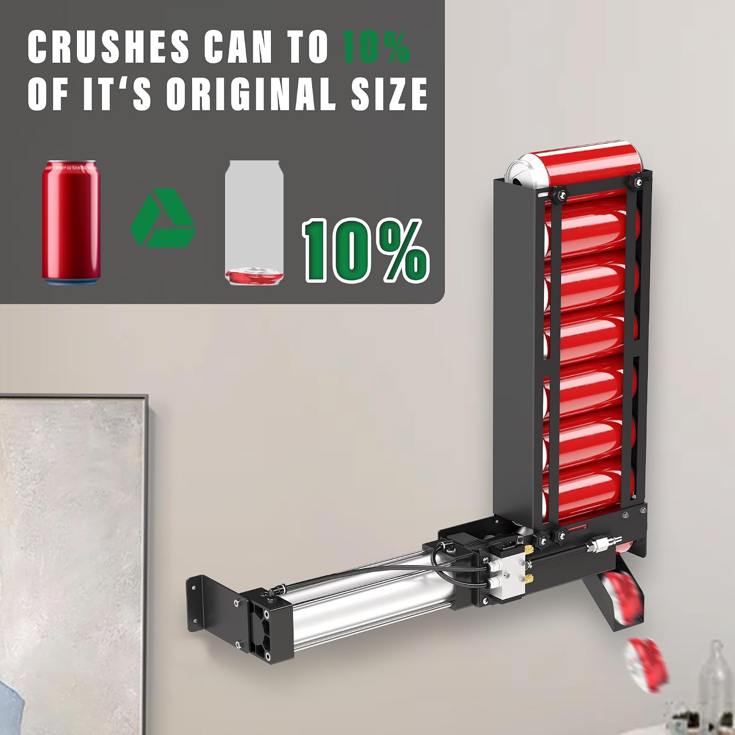 Pneumatic Can Crusher, Air Power Can Crusher for Recycling 12-16oz Cans, Soda Beer Automatic Can Smasher Wall Mounted with Hopper, Eco-Friendly Recycling Tool (Black)