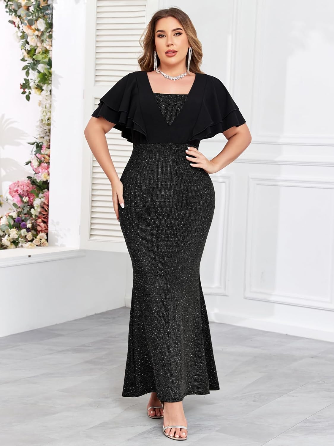 ZOMVA Women's Plus Size Sparkly Maxi Dress Ruffle Short Sleeve Bodycon Mermaid Gown Formal Cocktail Party Club Evening - Image 6
