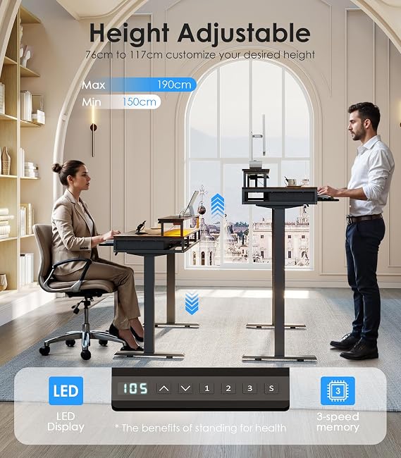 OffiGo Height Adjustable Desk, 120cm Electric Standing Desk with Drawers, Sit stand up Table with Keyboard Tray, Office Table with Sockets and LED Light, Monitor Stand, Rustic Brown