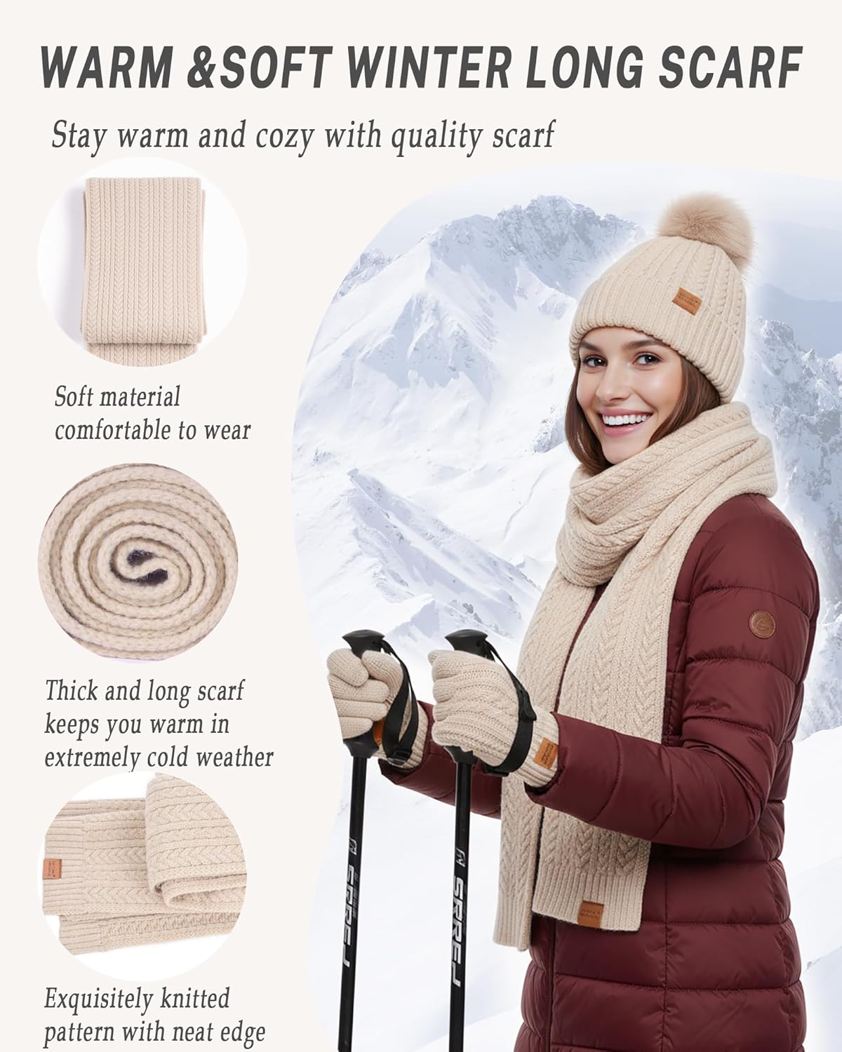 Winter Hat Scarf Gloves Set for Women Warm Thick Soft Long Knit Scarf Fleece Lined Beanie Touchscreen Glove Cold Weather Gift - Image 3