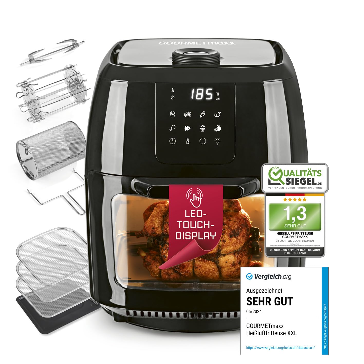 GOURMETmaxx Digitale Heißluftfritteuse XXL - 9L Ofen | Airfryer mit Timerfunktion, Touchdisplay, Drehspieß, Schaschlikspießen | fettarm, energiesparend frittieren | 8 Programme, 1800 W