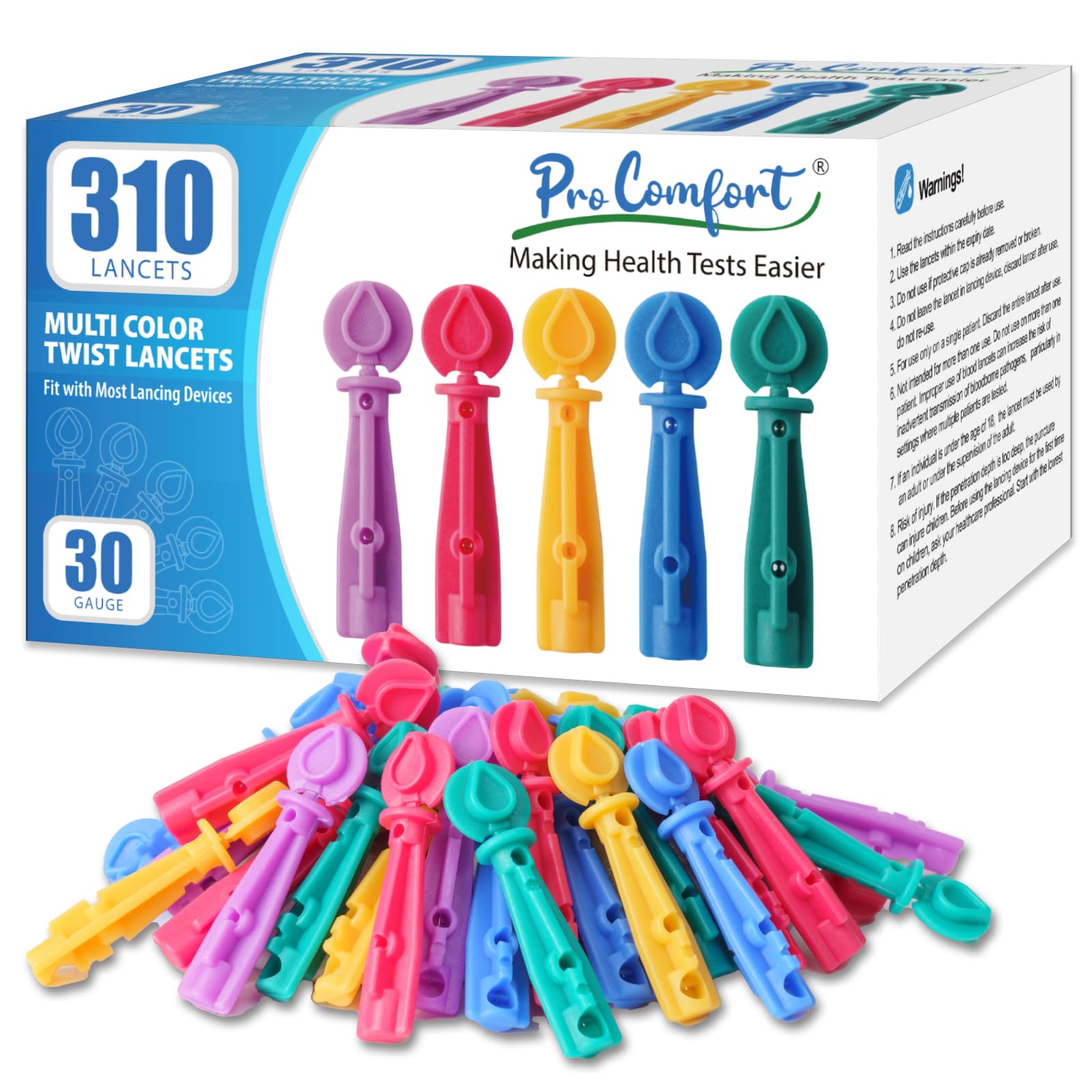 Twist Top Lancets for Lancing Devices, 310 Count, 30 Gauge Lancets for Blood Sugar Test, Diabetic Lancets, Multicolored, 310 PCS