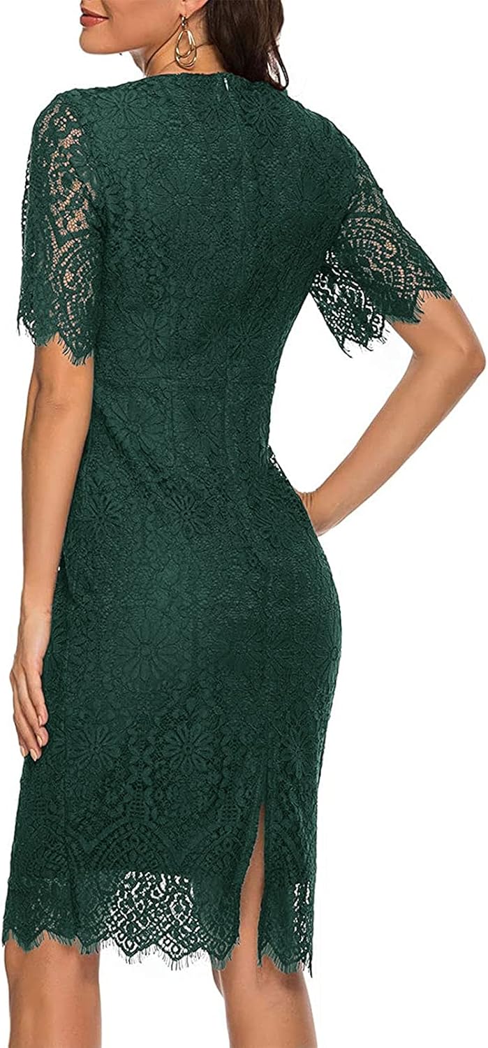 MEROKEETY Women's Short Sleeve Lace Floral Cocktail Dress Crew Neck Knee Length for Party - Image 4