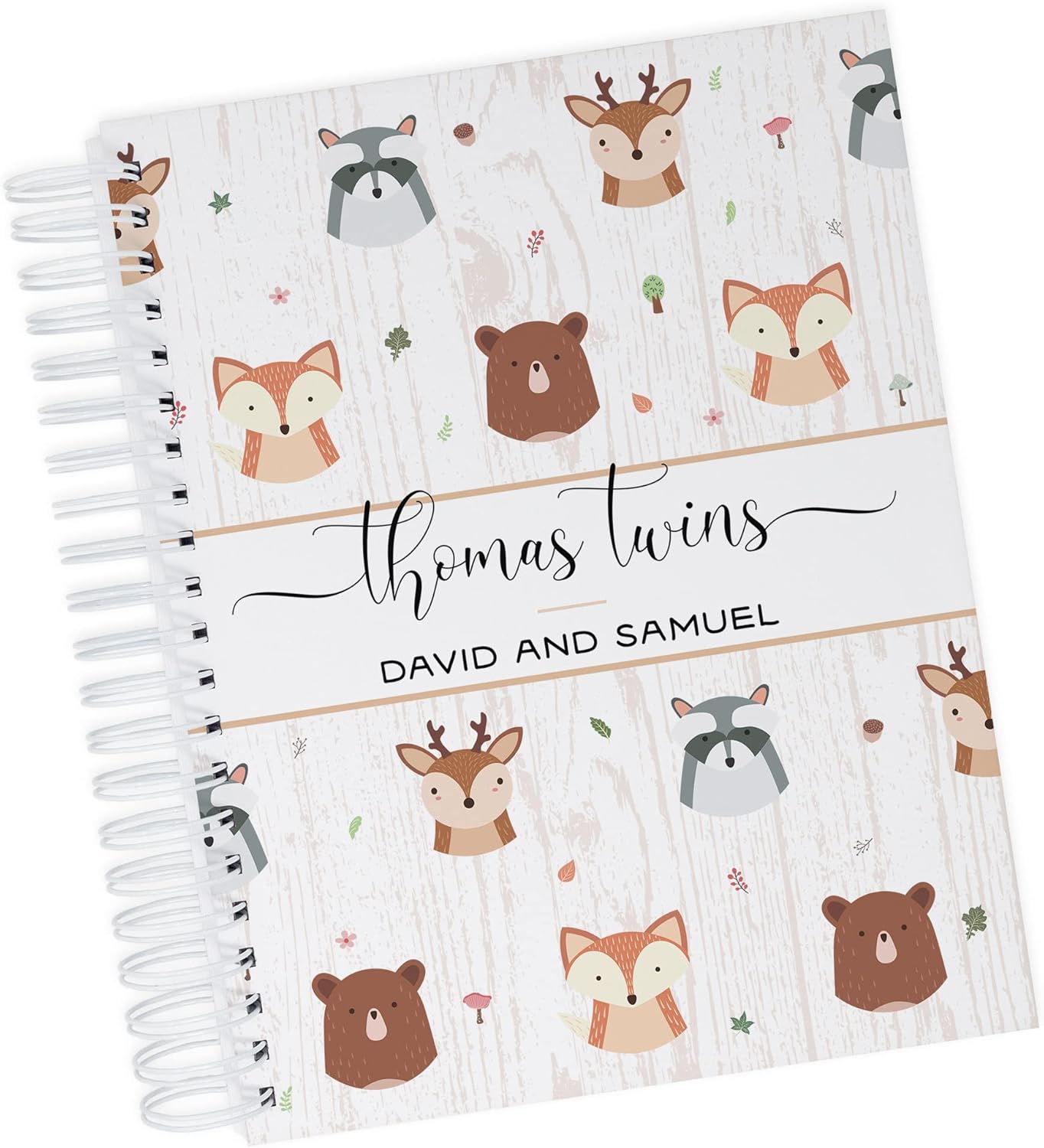 Personalized Twin Baby Memory Book - Hardcover First Year Album Customized with Babies’ Names - Prompted Baby Journal (Forest Friends)