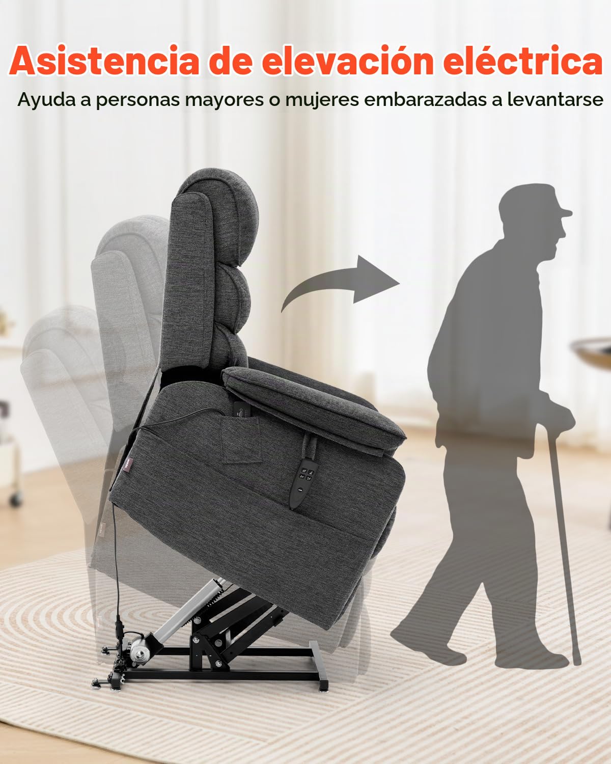 VEVOR Sillón Reclinable Eléctrico con Motor Doble y 2 Cuerdas Anticaída, Sillón Elevador con Calefacción y Masaje para Personas Mayores, Ajuste de Posición Infinito, Tamaño Mediano, Gris Oscuro
