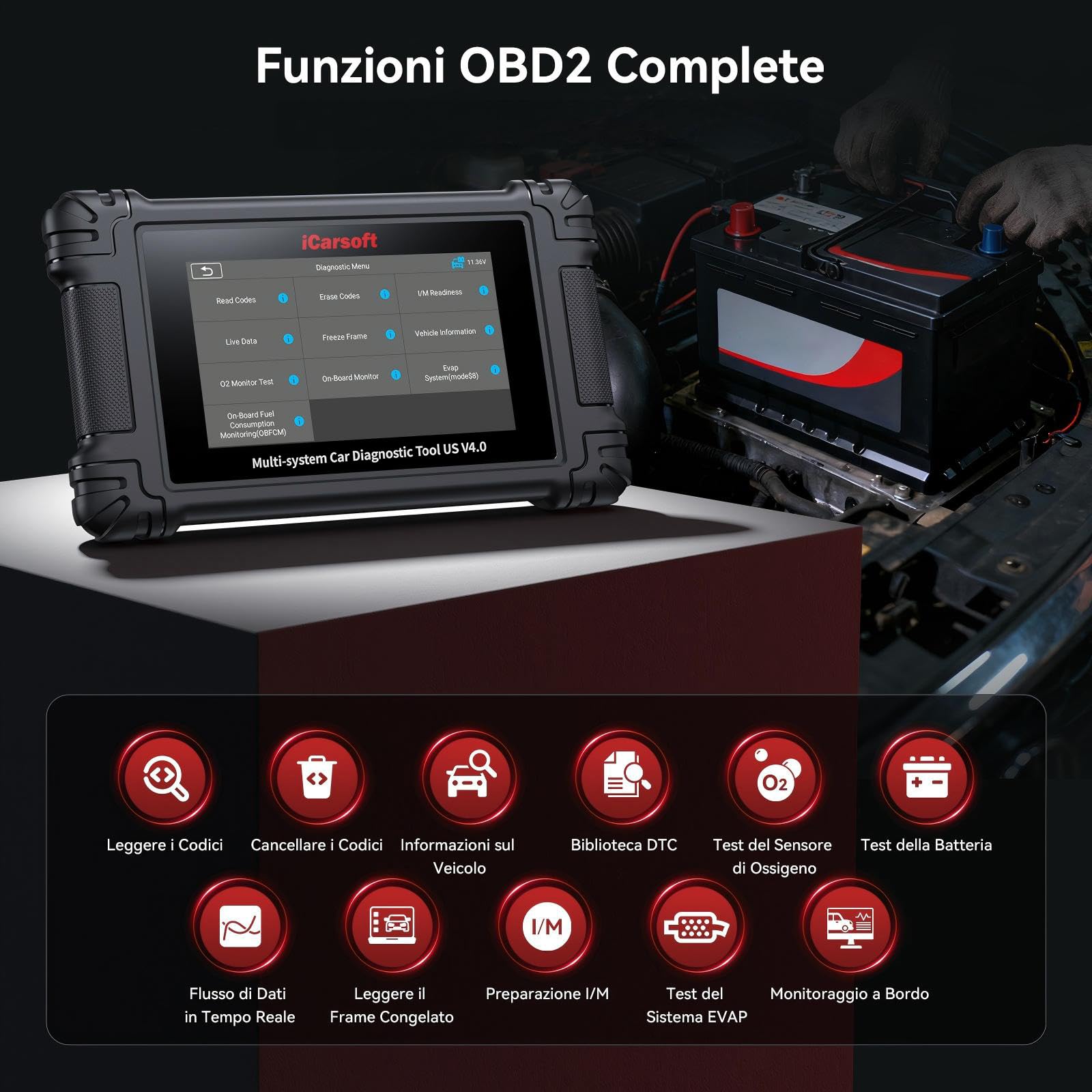 iCarsoft US V4.0 OBD2 Auto Diagnostica per Ford/GM/GMC/Jeep/Chevrolet, Diagnosi Auto in Italiano per Tutti i Sistemi, 41 Servizi di Ripristino, Test Bidirezionale, Auto VIN, Aggiornamento WiFi